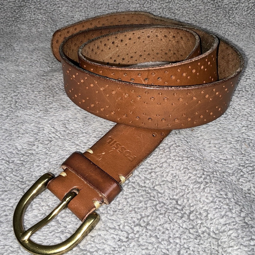 vintage FOSSIL‎ brown leather 36 belt BRASS BUCKLE cowhide L